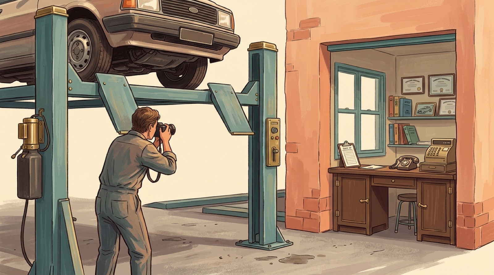 Garage photos: the lift, the reception, a car with consent