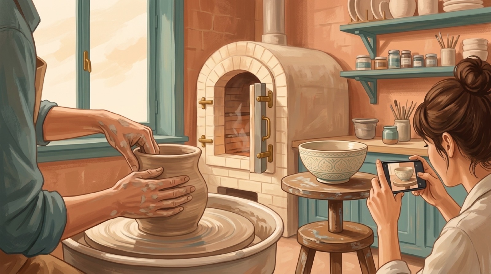 Potter photos: the piece, the hands, the kiln